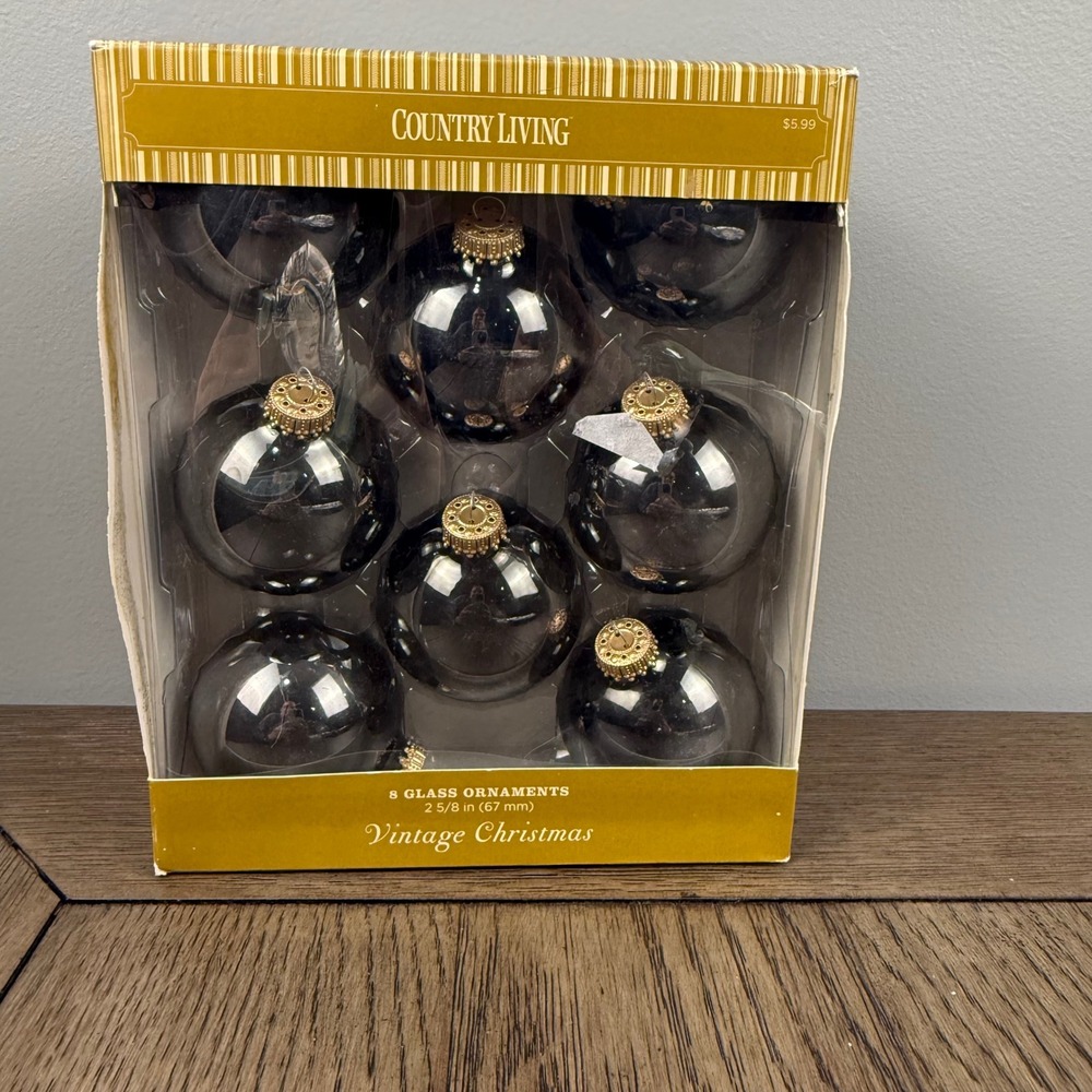Country Living Vintage Christmas 8 Glass Ornaments gunmetal grey w/Gold 2.6in